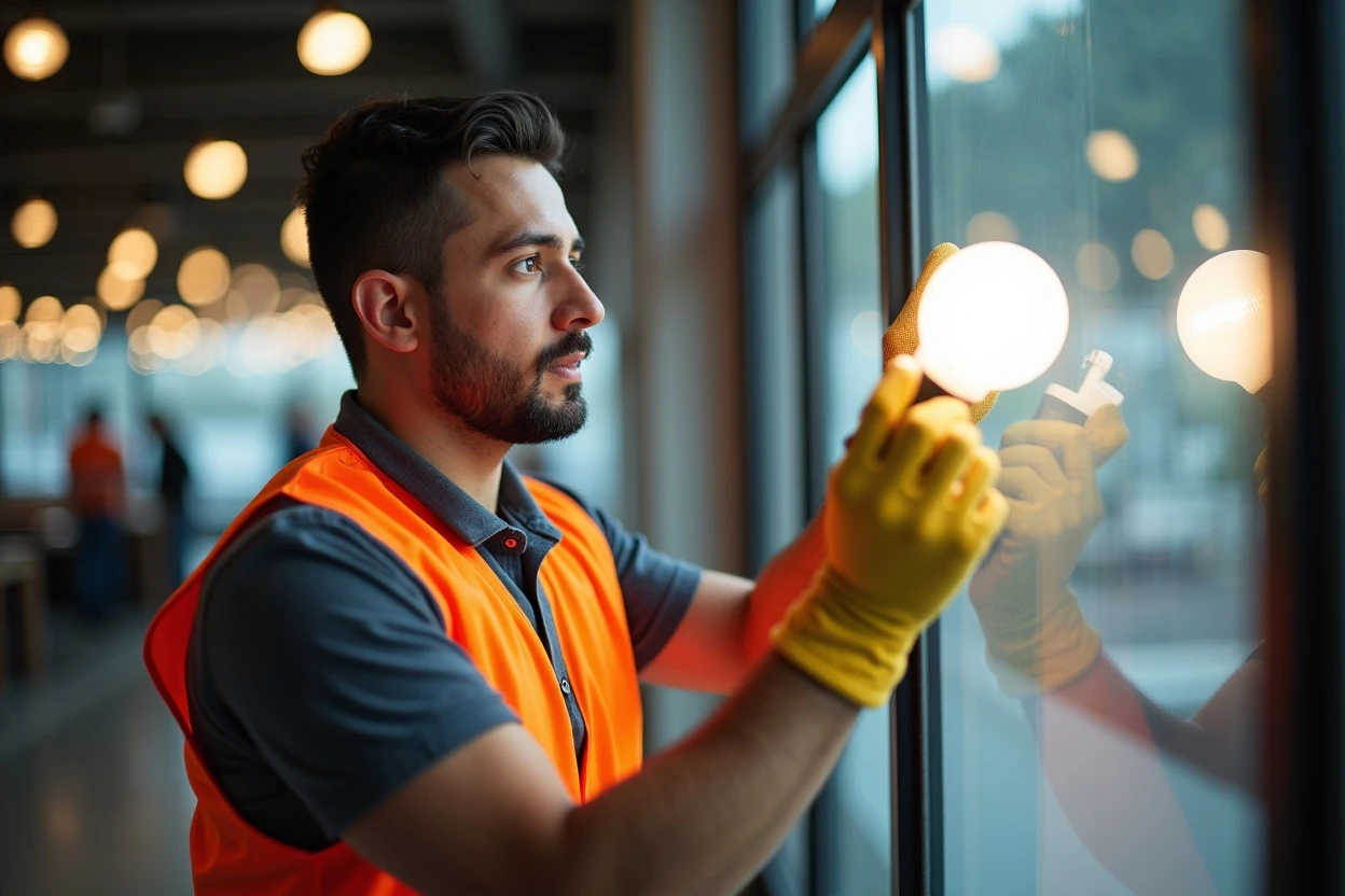 Técnico ajustando ángulo de luminaria en una vitrina