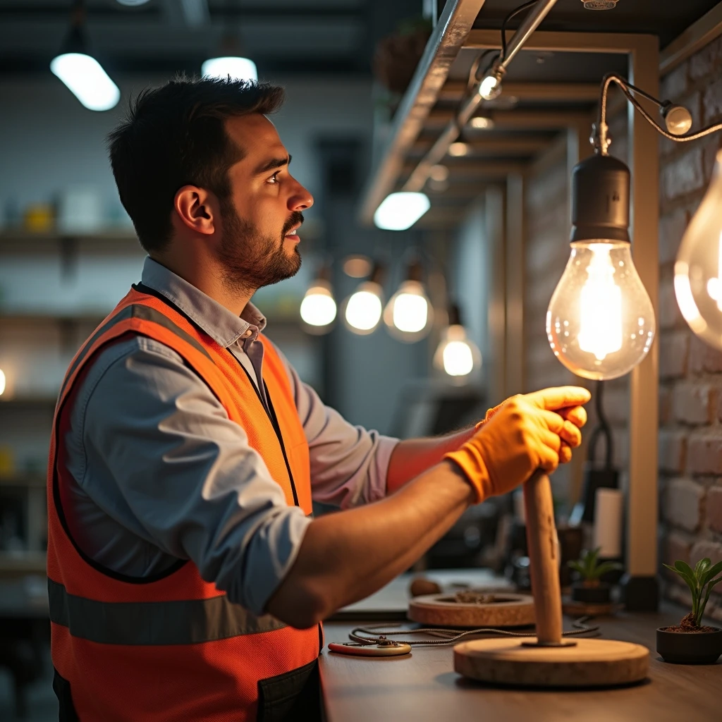 Técnico instalando luminarias en tienda
